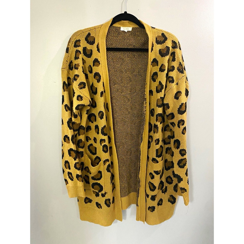 La Miel Leopard Print Open Front Cardigan Mustard Yellow Oversized Sweater L